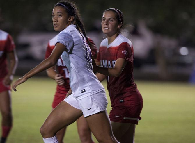 LSU sophomore defender Jade Clarke (24) fights for the ball against Lamar University's senior midfielder Samantha Moreno (7) during LSU's 2-0 win on Friday, Aug. 25, 2017, at LSU Soccer Stadium.