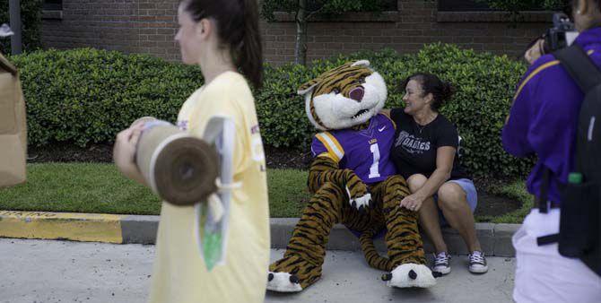 Mike the Tiger meets some of the new residences' families while helping students during move in day into North Hall on Wednesday Aug. 17, 2016.