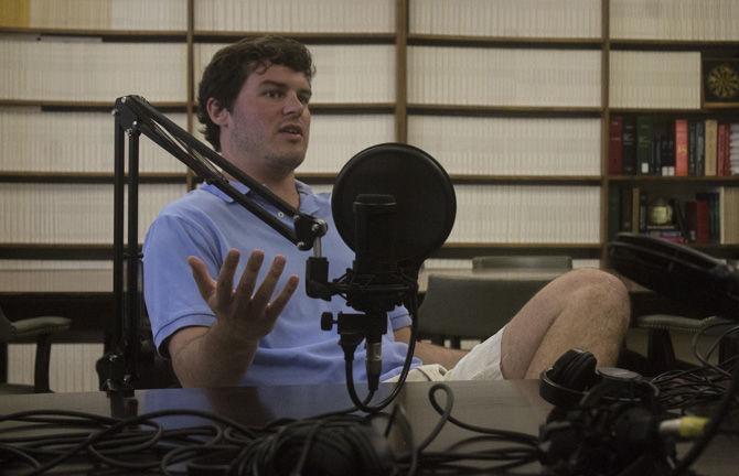 Third year law student Joe Cooper talks on air at the Paul M. Hebert Law Center on Sept. 6, 2017.