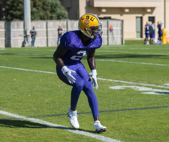 LSU junior cornerback Kevin Toliver II (2) participates in defensive drills during spring football practice on Tuesday, March 21, 2017, at the Charles McClendon football practice facility.