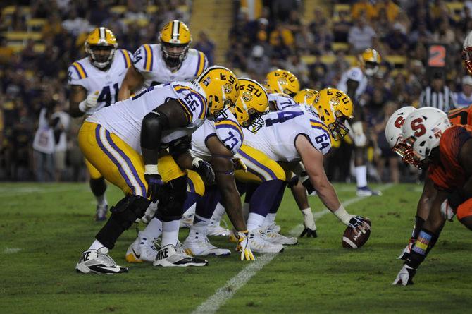 LSU football players line up during the Tigers' 35-26 win against Syracuse on Saturday, Sept. 23, 2017.