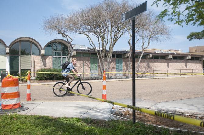 A sidewalk undergoes construction on Tuesday, March 15, 2016, along Ceba Lane on campus.