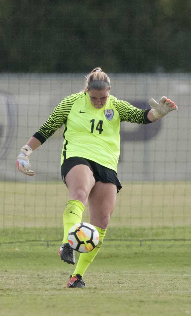 LSU junior goalkeeper Caroline Brockmeier (14) punts the ball during the Tigers' 0-1 loss against Vanderbilt on Sunday, Sept. 17, 2017, at the LSU Soccer Stadium.