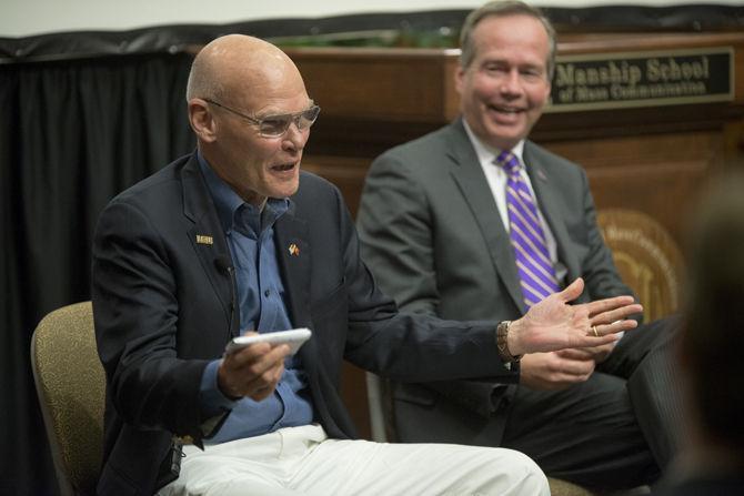 Political Strategist James Carville speaks during a panel after the showing of director Steve Mims' "Starving the Beast: The Battle to Disrupt and Reform America's Public Universities" on Monday, April 18, 2016 in Manship's Holliday Forum.