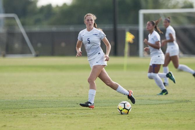 LSU freshman defender Lucy Parker (5) runs with the ball during the Tigers' 0-1 loss against Vanderbilt on Sunday, Sept. 17, 2017, at the LSU Soccer Stadium.