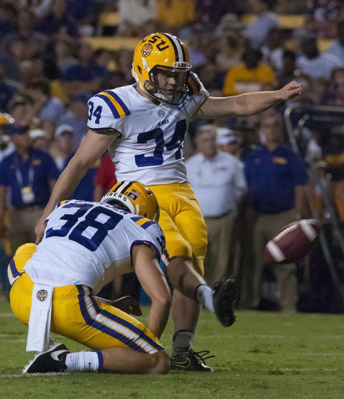 LSU freshman placekicker Connor Culp (34) kicks the ball for a field goal during the Tigers 45-10 victory over Chattanooga on Saturday, Sept. 9, 2017 in Tiger Stadium.