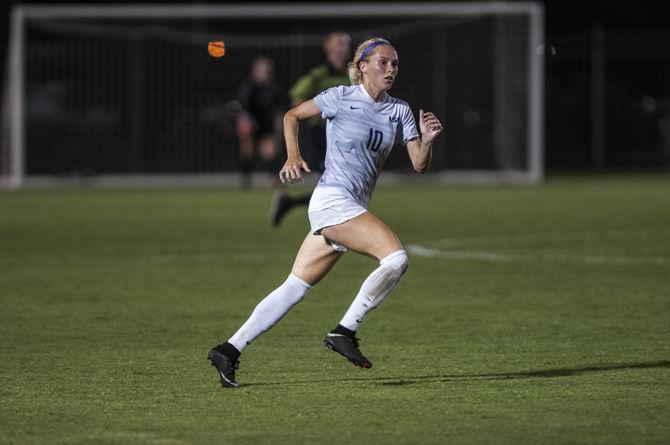 LSU senior forward Nicole Howard (10) runs up the field during LSU's 2-0 win against Lamar University on Friday, Aug. 25, 2017, at LSU's Soccer Stadium.