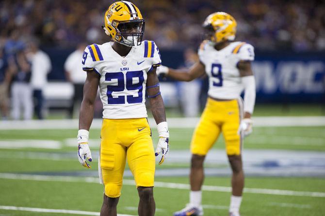 LSU freshman corner back Andraez Williams&#160;(29) takes a break before the play begins on Saturday, Sep. 2, 2017, during the Tigers' 27-0 win against the BYU Cougars in the Mercedes-Benz Superdome in New Orleans, Louisiana.