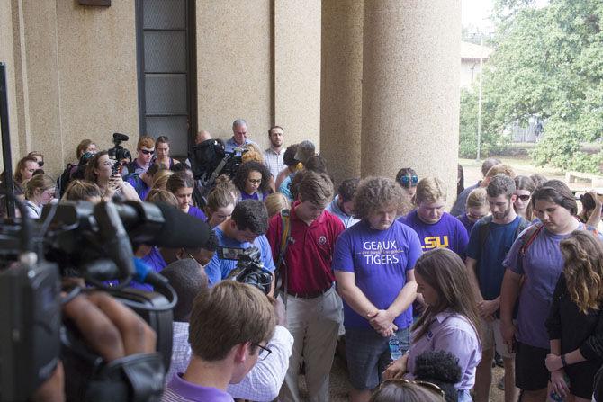 LSU students and faculty have a moment of silence for Maxwell Gruver during the anti-hazing rally on Thursday, Sept. 21, 2017, at Memorial Tower on campus.