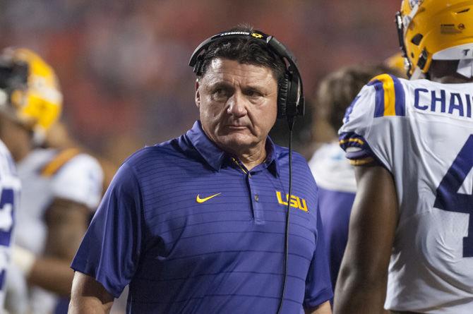 LSU football coach Ed Orgeron during the Tigers' 35-26 win against Syracuse on Saturday, Sept. 23, 2017, in Tiger Stadium.