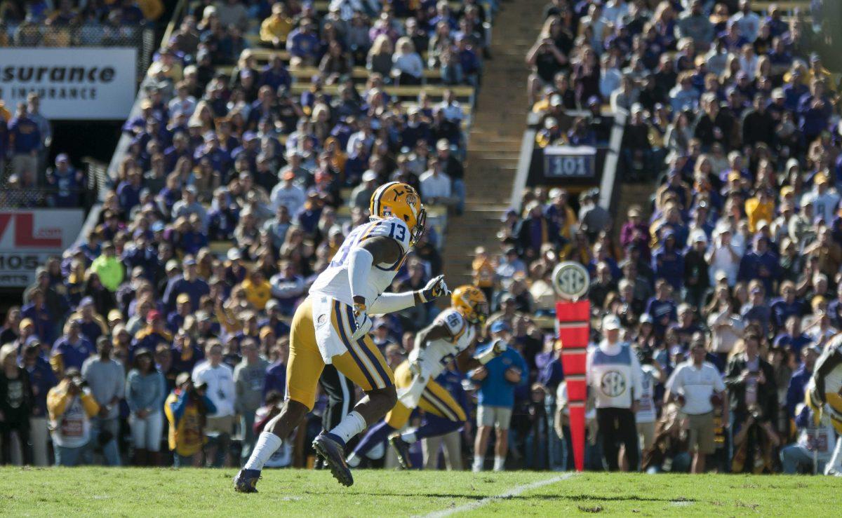 LSU senior defensive back Dwayne Thomas (13) runs after the ball carrier during the Tigers' 16-10 loss against the University of Florida on Saturday, Nov. 19, 2016 at Tiger Stadium.