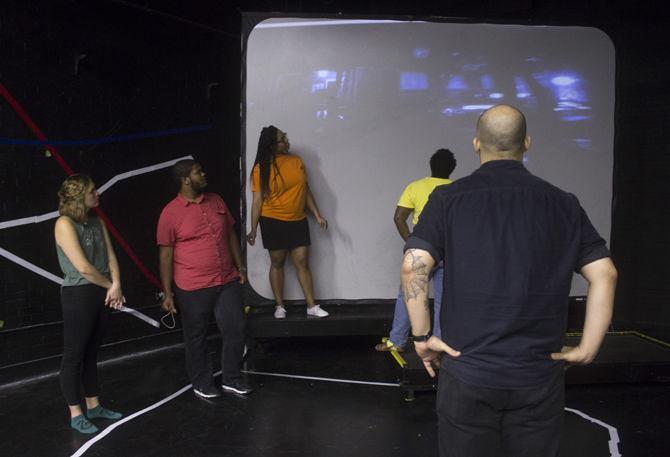 Participants of "Baton Rouge SLAM! An Obituary for Summer 2016" rehearse at the Hopkins Black Box Theater on Sept. 9, 2017.