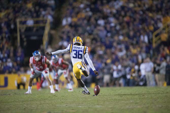 LSU junior place kicker Cameron Gamble (36) kicks off during Tigers' 38-21 Victory against University of Mississippi on Oct. 22, 2016, in Death Valley.