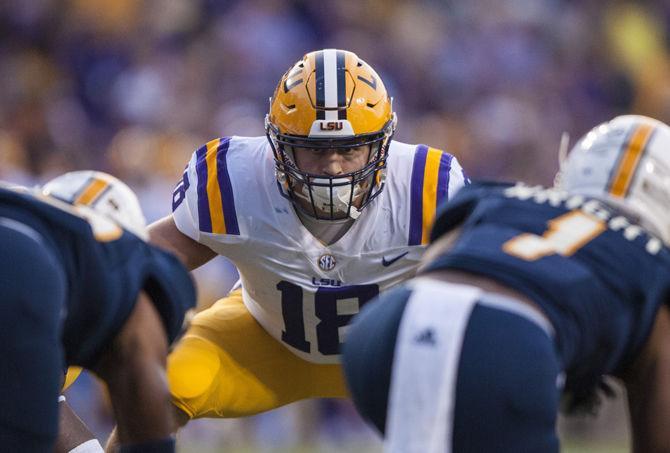 LSU senior fullback John David Moore (18) prepares for a play during the Tigers 45-10 victory over Chattanooga on Saturday, Sept. 9, 2017 in Tiger Stadium.