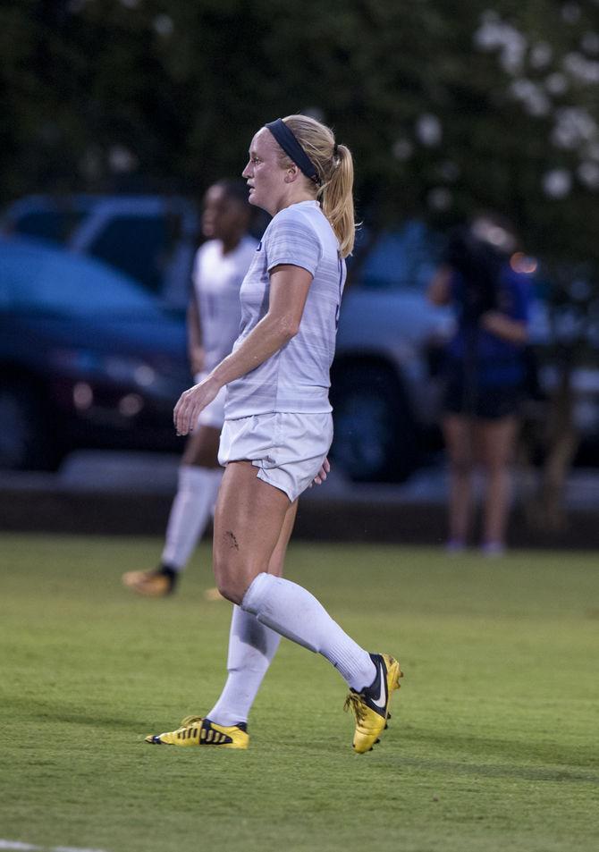 LSU senior midfielder Zoe Higgins (3) waits to receive the ball during LSU's 2-0 win against Lamar University on Friday, Aug. 25, 2017, at LSU Soccer Stadium.