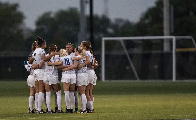 LSU's starting eleven huddle before LSU's 2-0 win against Lamar University on Friday, Aug. 25, 2017, at LSU's Soccer Stadium.