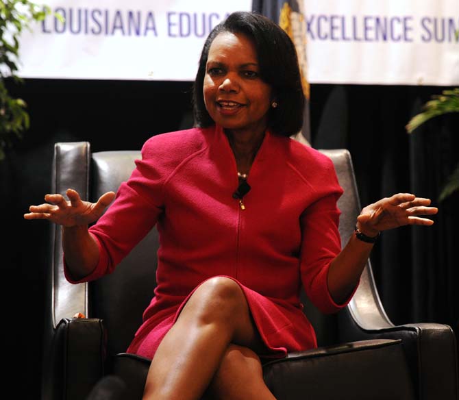 Former U.S. Secretary of State Condoleezza Rice discusses education reform April 17, 2013, at the 2013 Louisiana Education Excellence Summit in the Crowne Plaza Hotel.