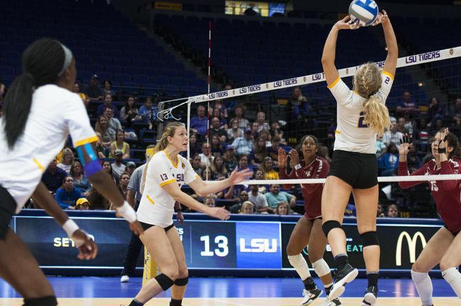 LSU sophomore setter Anna Zwiebel (2) sets the ball during the Lady Tigers' 3-1 victory over the University of Alabama on Sunday, Oct. 15, 2017, in the Pete Maravich Assembly Center.