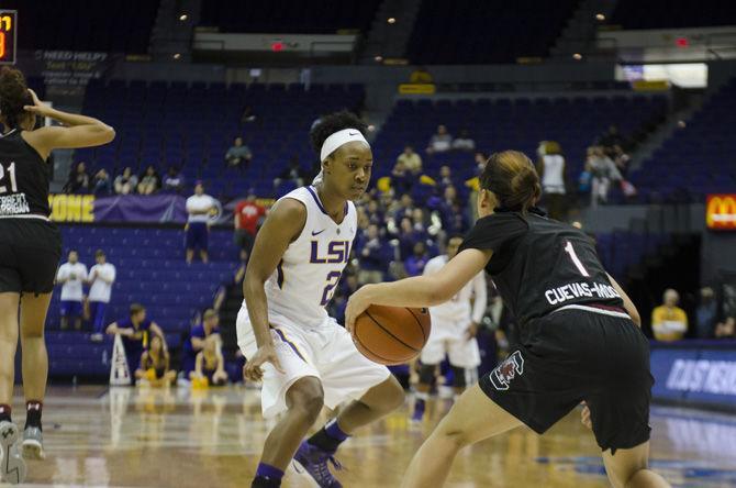 LSU sophomore guard Shanice Norton (2) guards a South Carolina player during the Tigers' 84-61 loss against the University of South Carolina on Sunday, Jan. 15, 2017, in the PMAC.