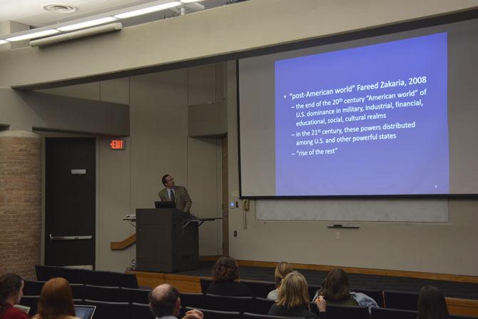 Dr. Mark Frazier lectures on the India- China relationship in a post-American World on Tuesday, Oct. 24, 2017, in the LSU Art and Design Building.