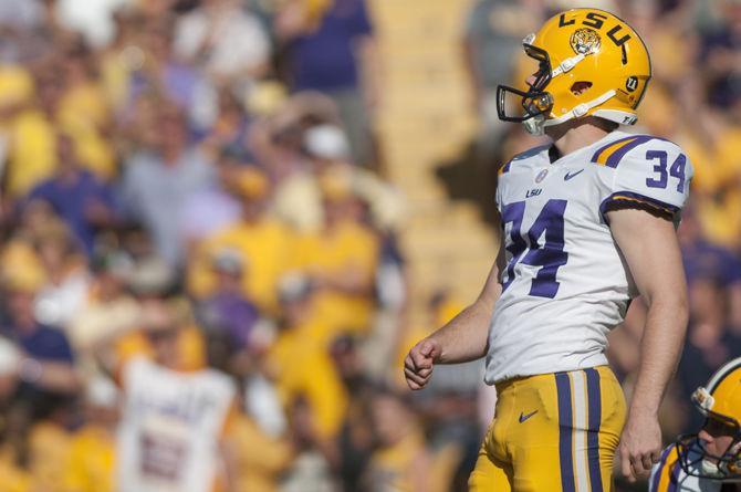 LSU freshman placekicker Connor Culp (34) watches the play during the LSU Tigers' 27-23 victory against Auburn on Saturday, Oct. 14, 2017 in Tiger Stadium.