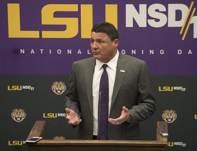 LSU head coach Ed Orgeron discusses the Tigers' recruiting class from National Signing Day 2017 on Wednesday, Feb. 1, 2017 at the Football Operations Center.