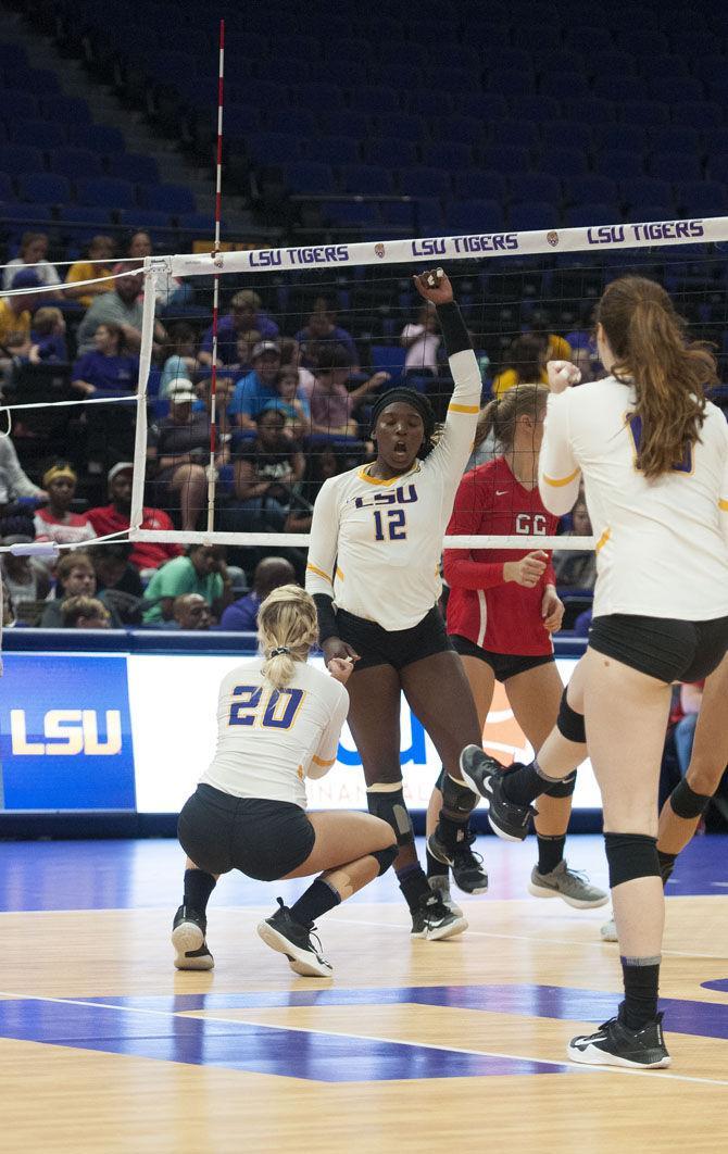 LSU senior outside hitter Gina Tillis (12) celebrates with her teammates during the Lady Tigers' 3-0 win over the University of Houston on Saturday, Sept. 15, 2017, at the Pete Maravich Assembly Center.