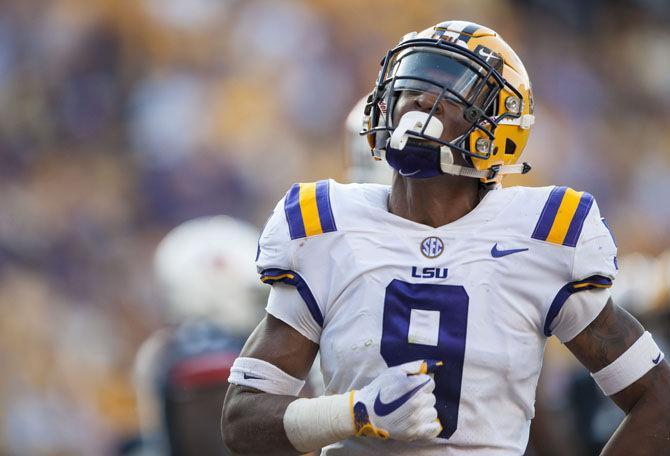 LSU freshman safety Grant Delpit (9) celebrates during the Tigers' 27-23 victory against Auburn on Saturday, Oct. 14, 2017, in Tiger Stadium.