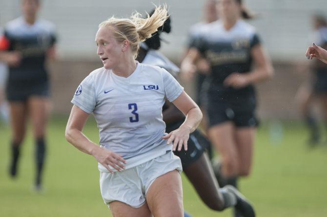 LSU senior midfielder Zoe Higgins (3) runs after the ball during the Tigers' 0-1 loss against Vanderbilt on Sunday, Sept. 17, 2017, at the LSU Soccer Stadium.