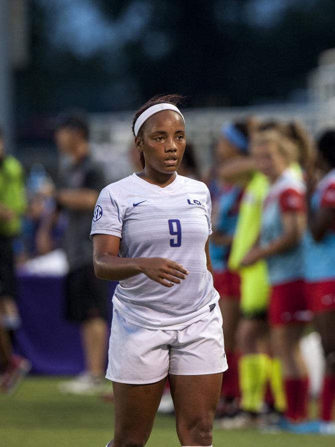 LSU junior forward/defender Alex Thomas (9) runs during LSU's 2-0 win against Lamar University on Friday, Aug. 25, 2017, at LSU Soccer Stadium.