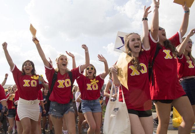 The Panhellenic community welcomes new members on Bid Day, Saturday Aug. 19, 2017.