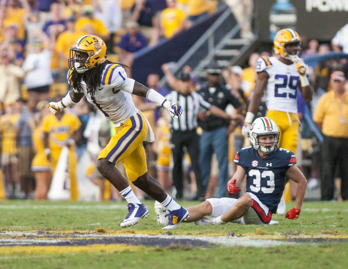 LSU junior cornerback Donte Jackson (1) celebrates after a play during the Tigers' 27-23 victory against Auburn on Saturday, Oct. 14, 2017 in Tiger Stadium.