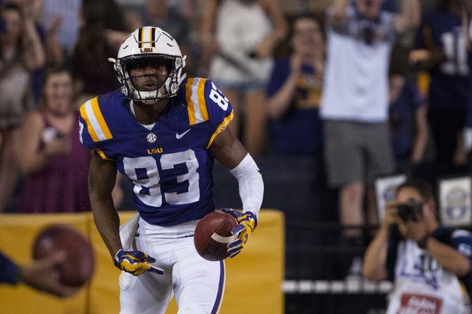 LSU senior wide receiver Russell Gage (83) scores a touch down during Tigers&#8217; 24-21 loss against Troy on Saturday, Sept. 30, 2017, in Tiger Stadium.