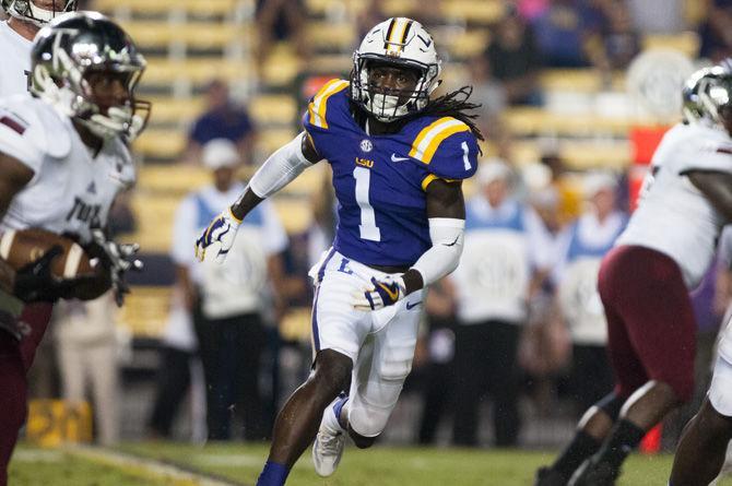 LSU junior defensive back Donte Jackson (1) runs for the ball during Tigers&#8217; 24-21 loss against Troy on Saturday, Sept. 30, 2017, in Tiger Stadium.