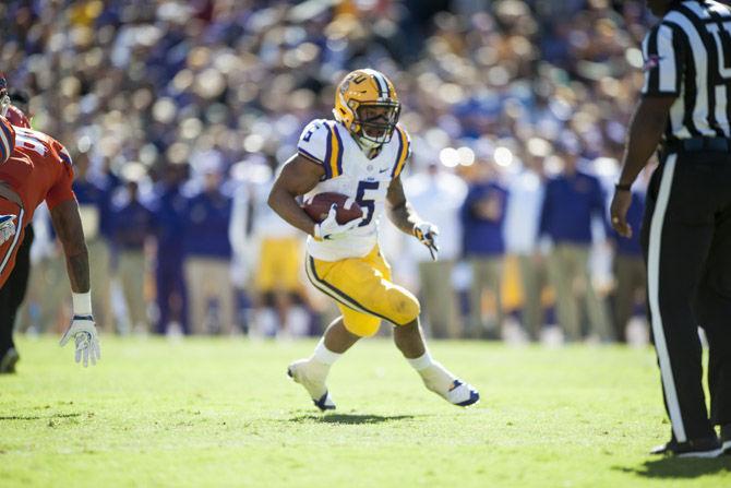 LSU sophomore running back Derrius Guice (5) finds open space during LSU's 16-10 loss against Florida on Nov. 19, 2016, at Tiger Stadium.&#160;