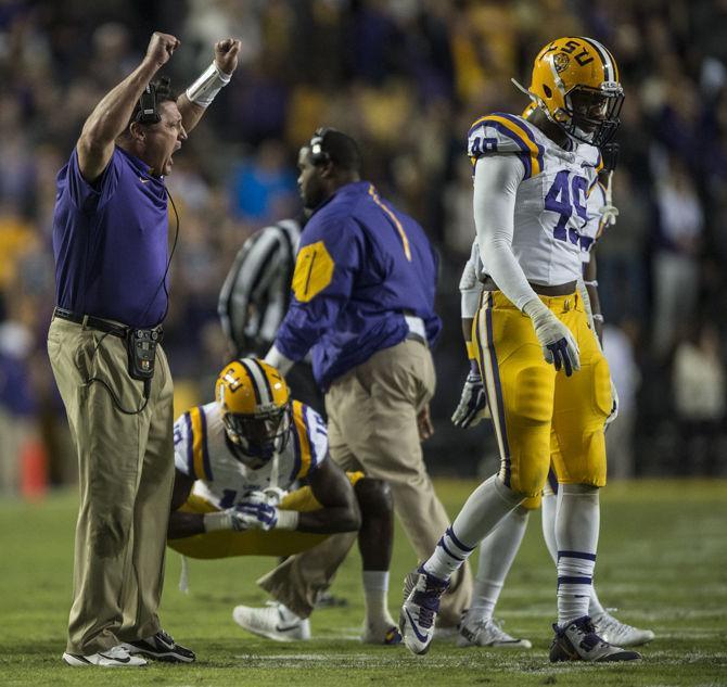 Then-LSU defensive line coach Ed Orgeron yells at his players during the Tigers' 31-14 defeat against The University of Arkansas on Saturday, Nov. 14, 2015 in Tiger Stadium.