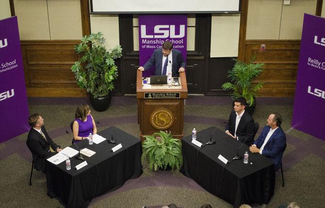 Kevin P. Reilly senior chair in political communication Martin Johnson leads the conversation at the Neither Liberal Nor Conservative Panel on Thursday, Oct. 26, 2017, in the Holliday Forum.