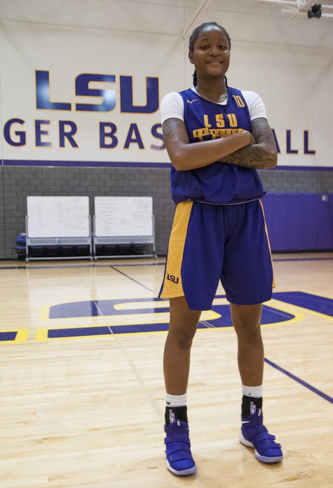 LSU freshman guard Dekeriya Patterson (10) stands after practice on Tuesday, October 3, 2017, in the practice gymnasium on LSU campus.