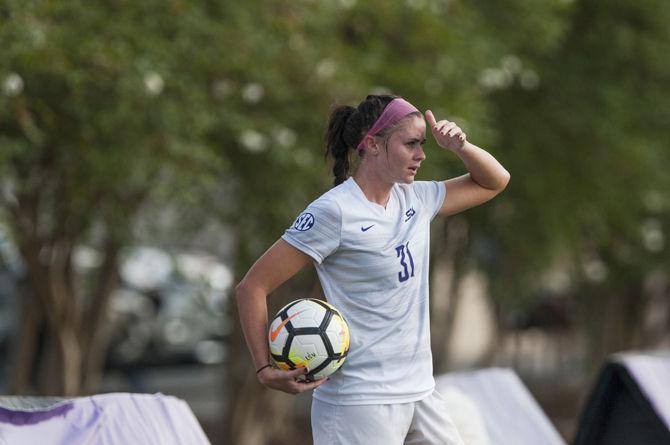 LSU senior defender Debbie Hahn (31) gets holds the ball in during the Tigers' 0-1 loss against Vanderbilt on Sunday, Sept. 17, 2017, at the LSU Soccer Stadium.