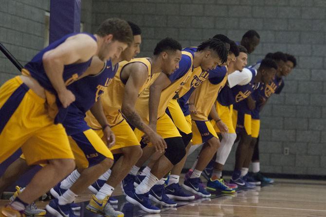 The LSU basketball team lines up for suicides during warm-ups before practice in the PMAC practice facility on Tuesday, Oct. 10, 2017.