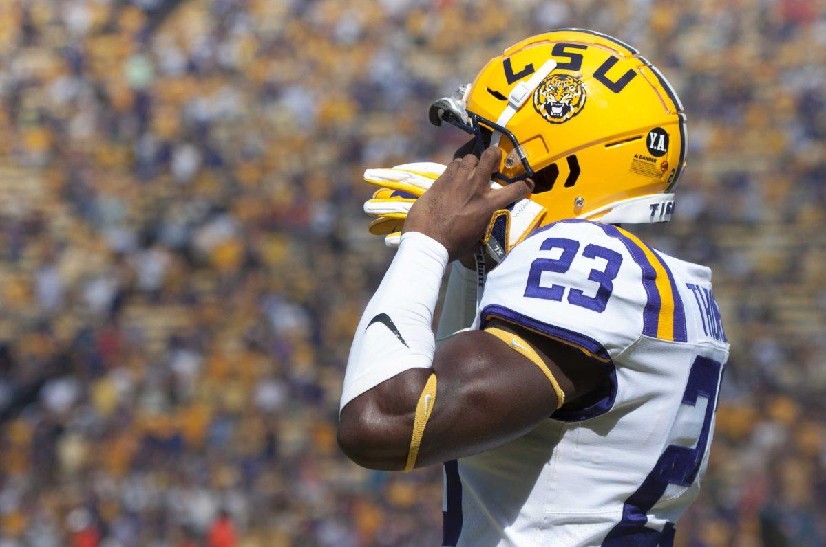 LSU senior linebacker Corey Thompson (23) watches the play during the LSU Tigers' 27-23 victory against Auburn on Saturday, Oct. 14, 2017 in Tiger Stadium.