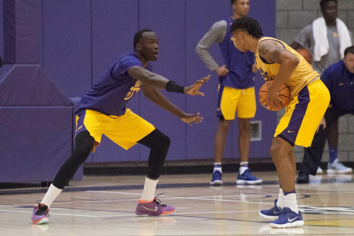 LSU senior forward Duop Reath (1) defends the basket against sophomore forward Wayde Sims (44) during practice on Tuesday, Oct. 24, 2017, in the PMAC.