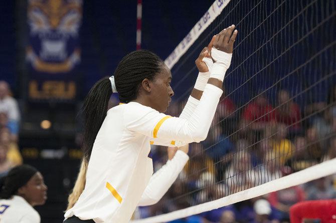 LSU freshman middle blocker and outside hitter Taylor Bannister (7) prepares for the next play during the Lady Tigers' 3-0 win over the University of Houston on Saturday, Sept. 15, 2017, at the Pete Maravich Assembly Center.