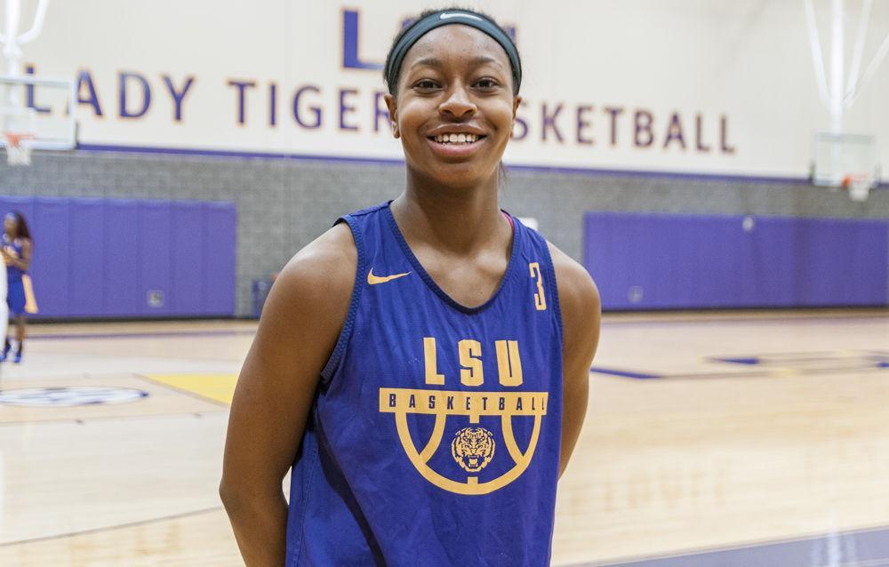 LSU freshman guard Khayla Pointer answers questions on Tuesday, Oct. 24, 2017, at the basketball media day in the PMAC.