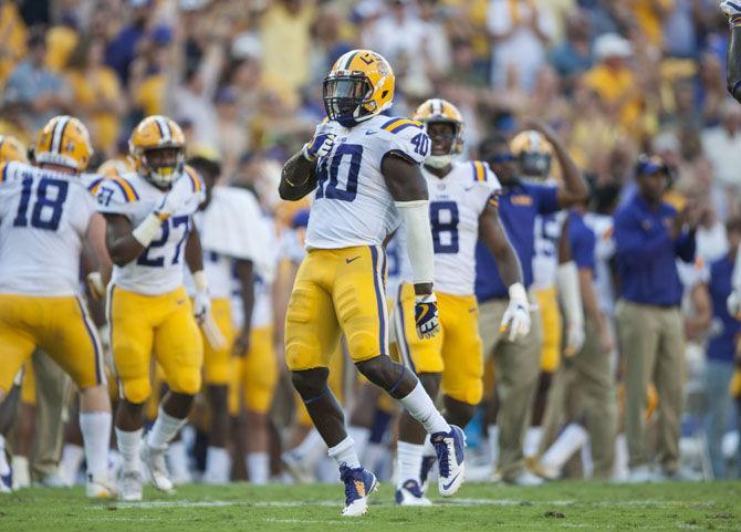 LSU sophomore linebacker Devin White (40) celebrates during the Tigers' 27-23 victory against Auburn on Saturday, Oct. 14, 2017, in Tiger Stadium.