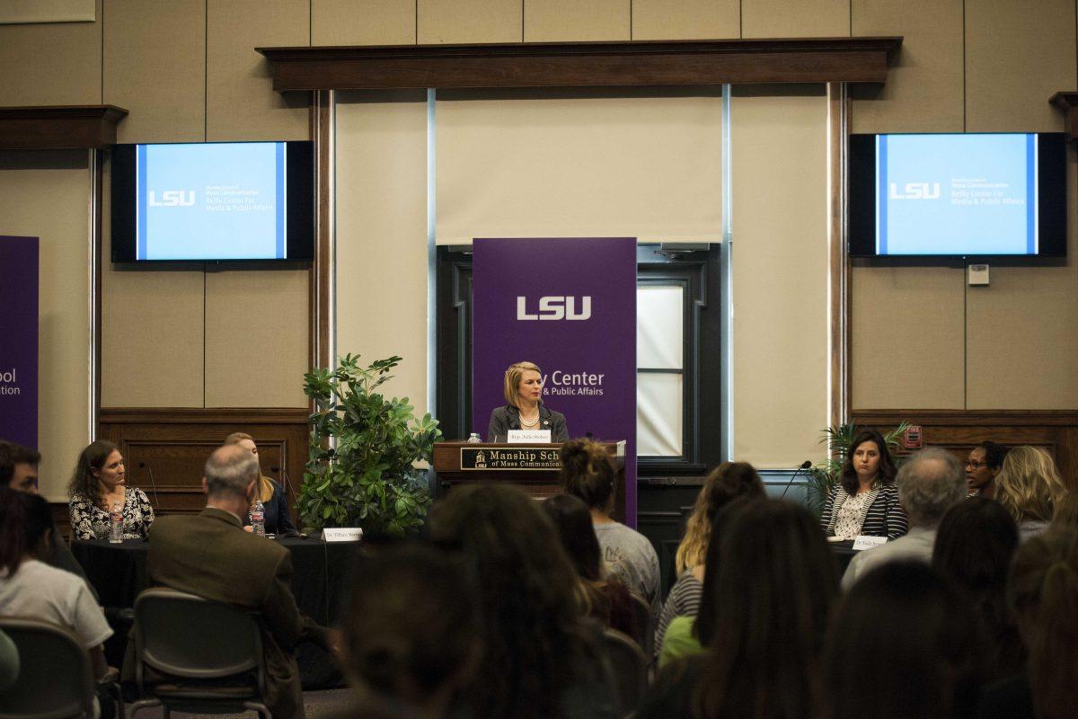 Attendees listen to the speakers talk about women in politics at the panel She Persisted on Thursday, Oct. 5, 2017 in the Holliday Forum of the Journalism Building.