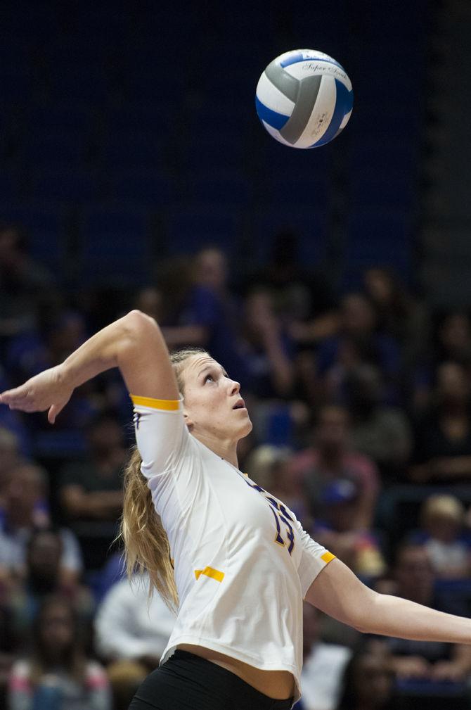 LSU sophomore middle blocker Jacqui Armer (13) serves the ball during the Lady Tigers' 3-1 victory over the University of Alabama on Sunday, Oct. 15, 2017, in the Pete Maravich Assembly Center.