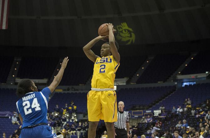 LSU sophomore guard Shanice Norton (2) attempts a jump shot during the Lady&#160;Tigers' 42-55 loss to the University of Kentucky on Thursday, Jan. 19, 2017 in the Pete Maravich Assembly Center.