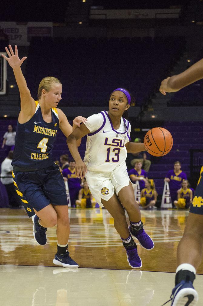 LSU sophomore guard Jaelyn Richard-Harris (13) dribbles the ball during the Tigers' 96-34 victory against Mississippi College on Sunday, Nov. 5, 2017, in the Pete Maravich Assembly Center.