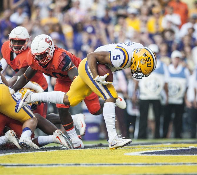 LSU junior running back Derrius Guice (5) scores a touchdown on Saturday, Sept. 23, 2017, during the LSU game against Syracuse.